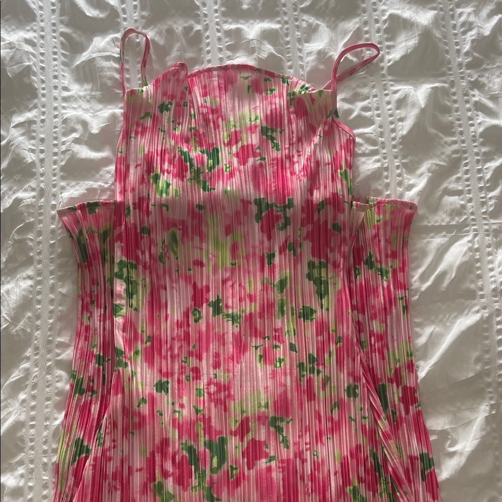 Floral Pink and Green Pleated Dress